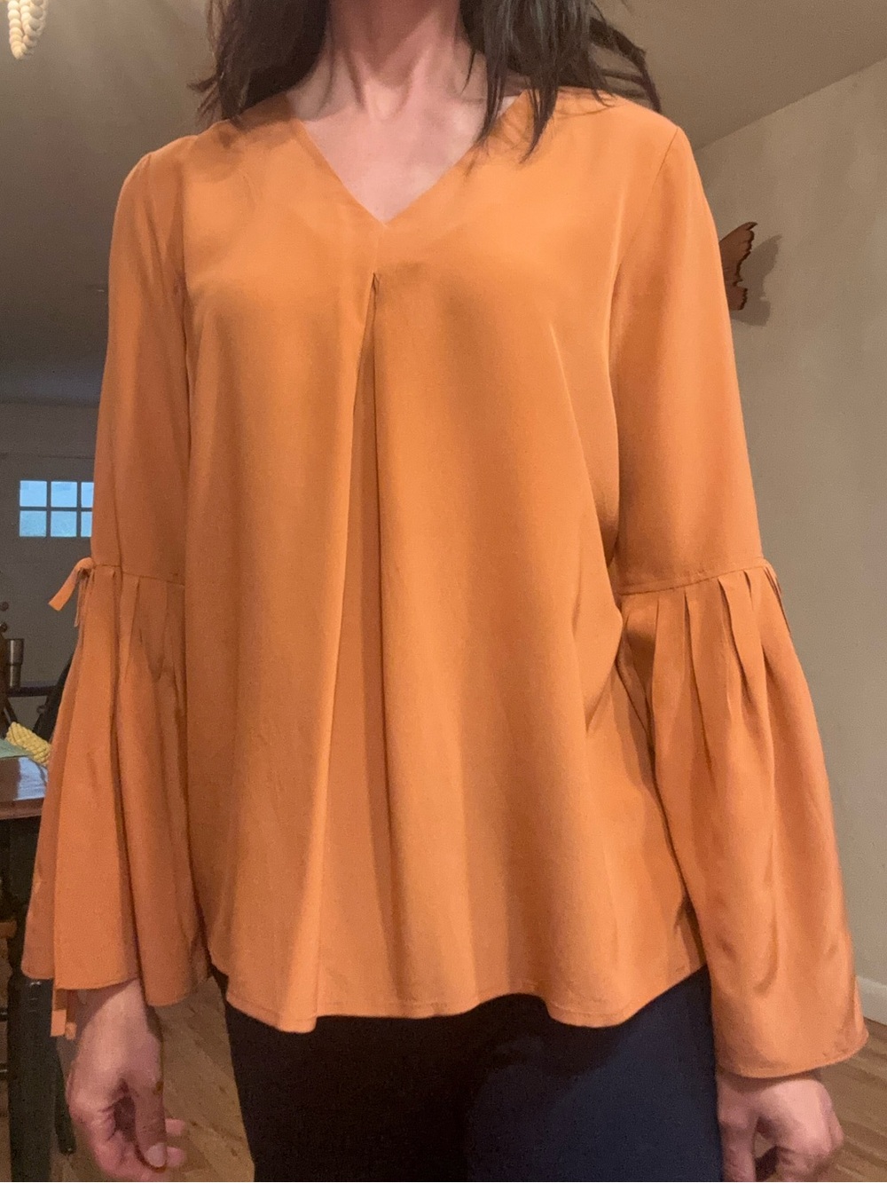 ANTONIO MELANI V-Neck Bell Sleeve Blouse in Rust Orange